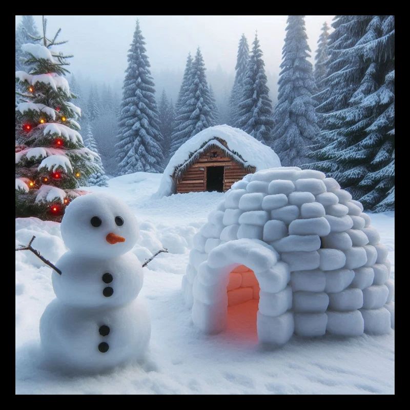 Winterlandschaft mit Schneemann und Iglu