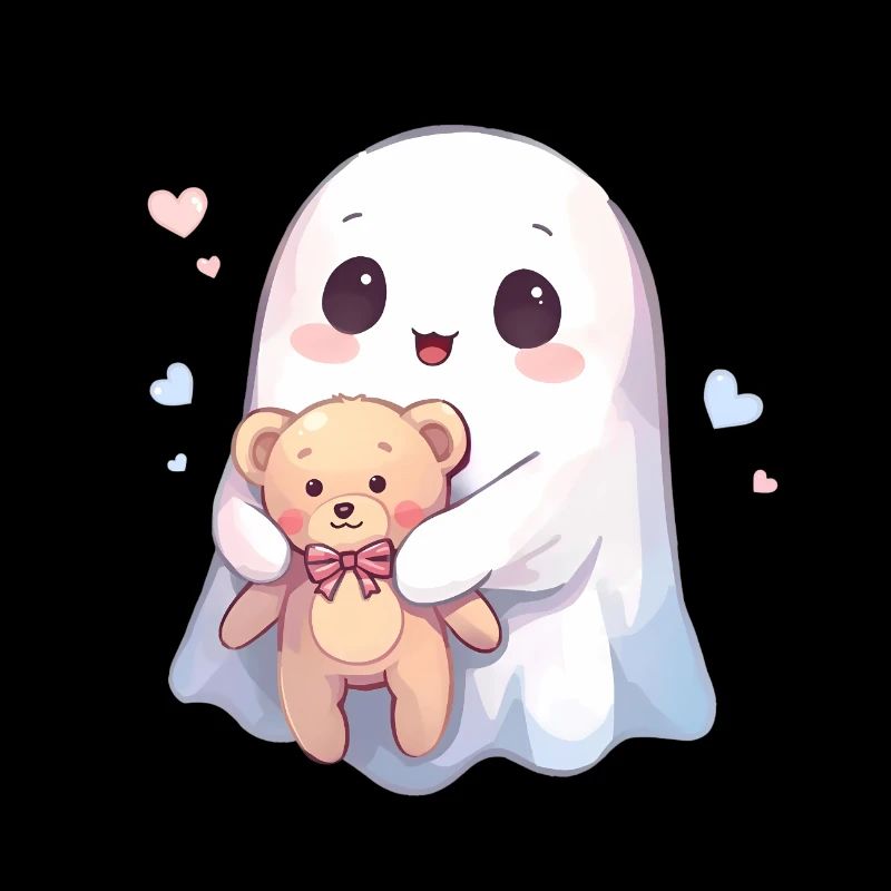 Kawaii Ghost with Teddy Bear and Hearts