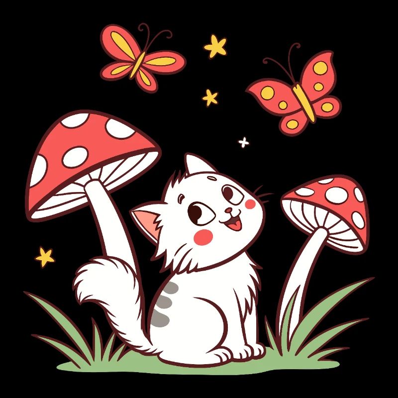 Whimsical Cat Among Mushrooms