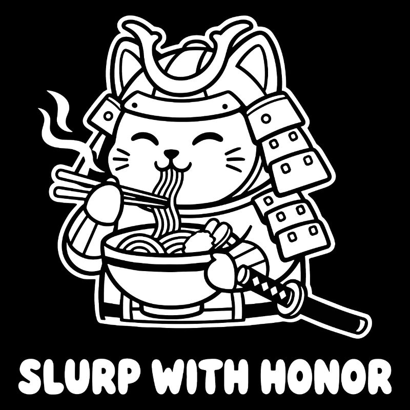 Chat samouraï mange des nouilles