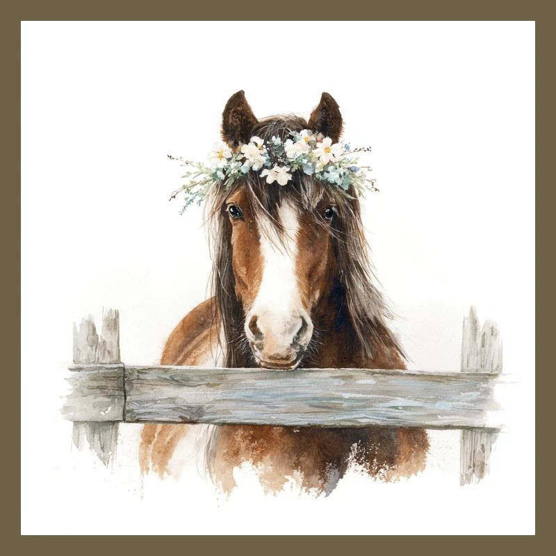 Cheval couronné de fleurs par-dessus la clôture