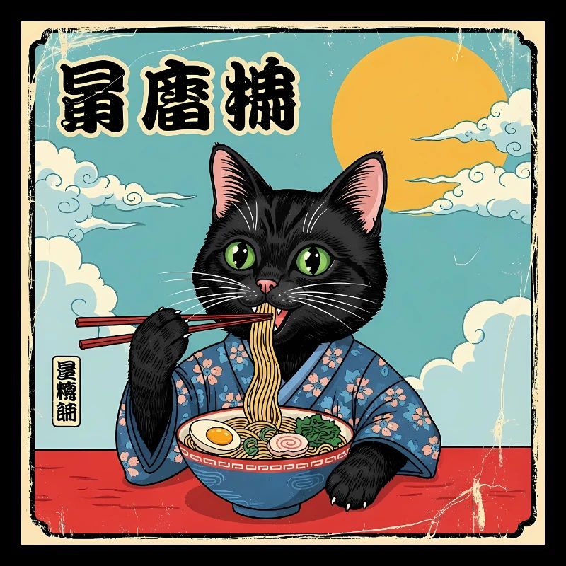 Katze de nouilles ramen de Kawaii Chat mangeant des nouilles ramen