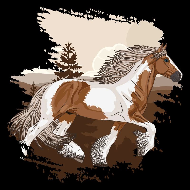 Ein irisches Kohlenpferd, das vor Bergen trabt