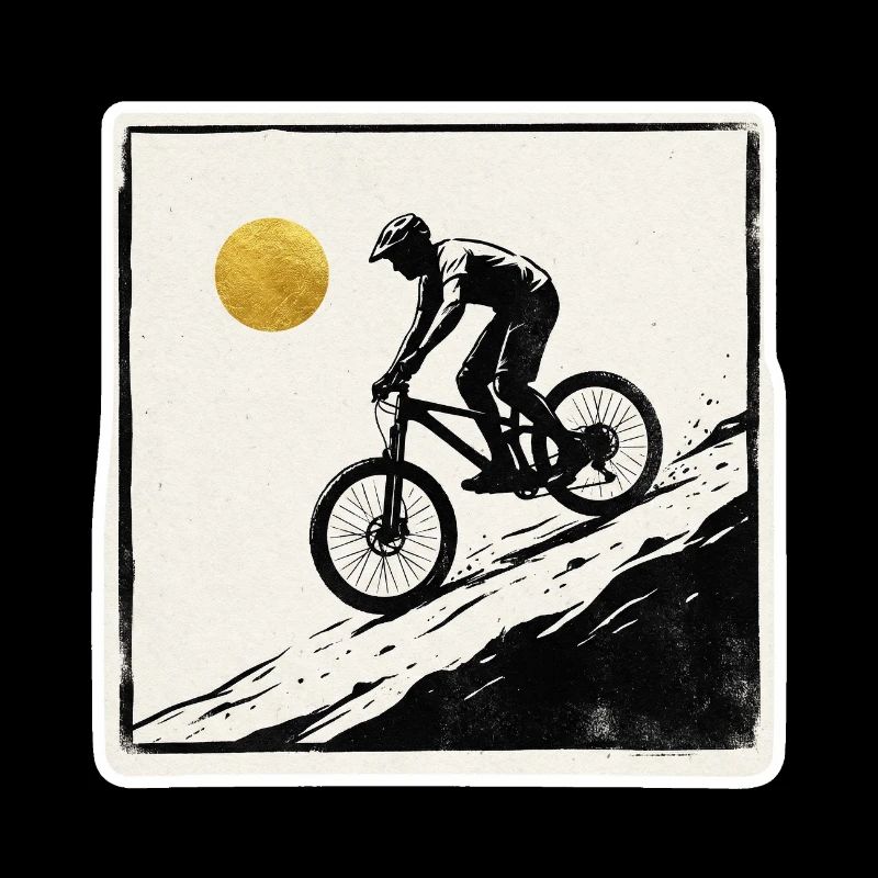 Mountainbiker Holzschnitt Goldene Sonne