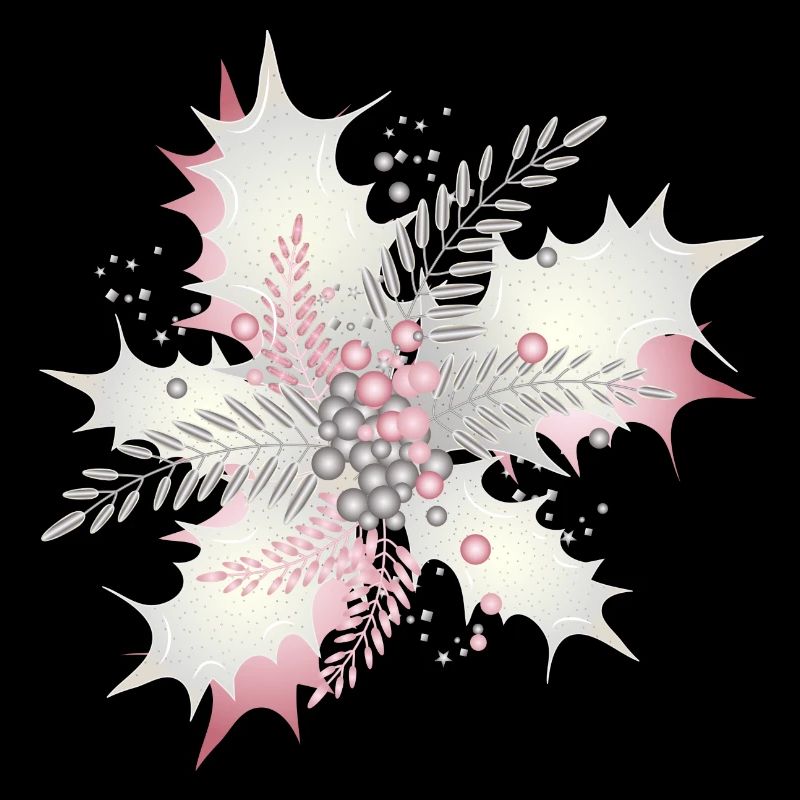 Branche de houx en blanc, argent et rose sombre