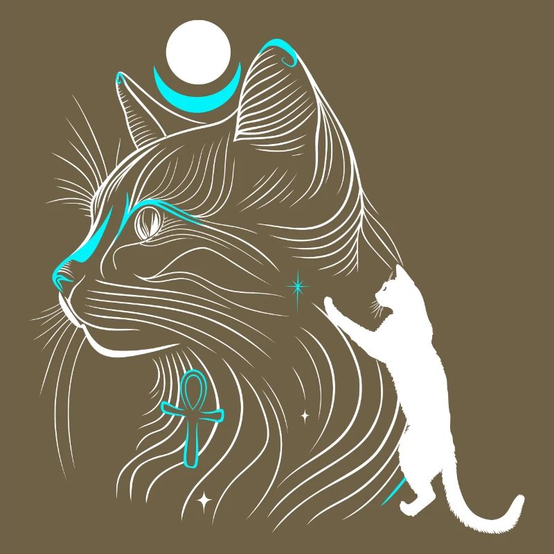 Minimalist Bastet Cat in Profile with Moon