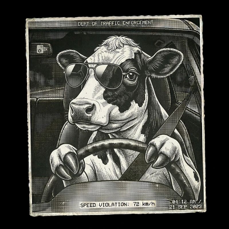 Vache laitière flashed conduisant une voiture