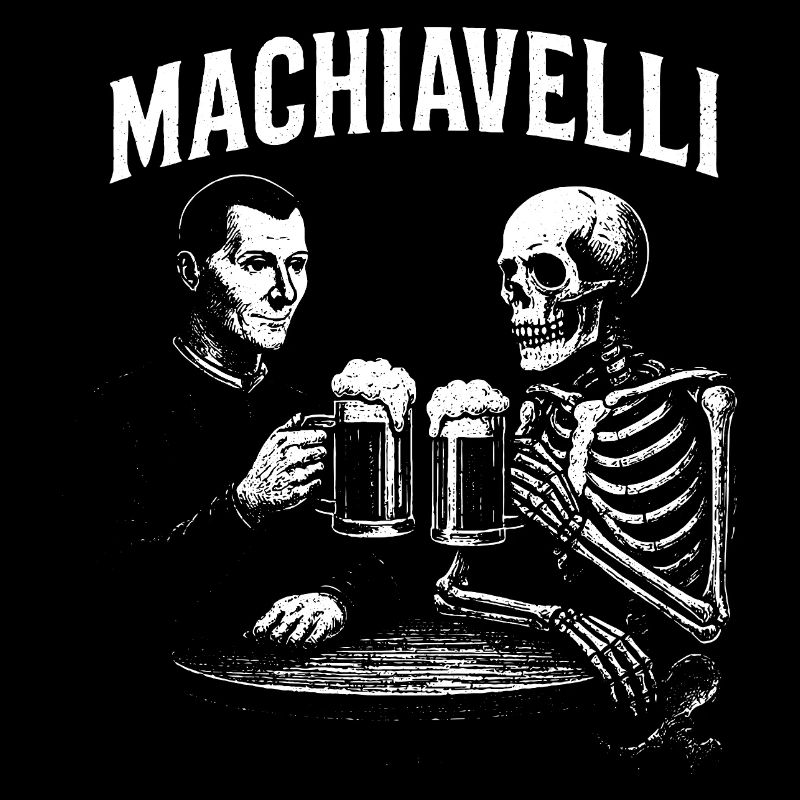 Machiavelli drinking beer with Skeleton