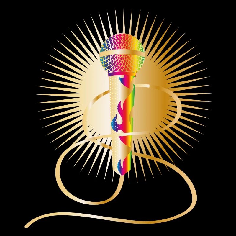 microphone doré avec éléments arc-en-ciel