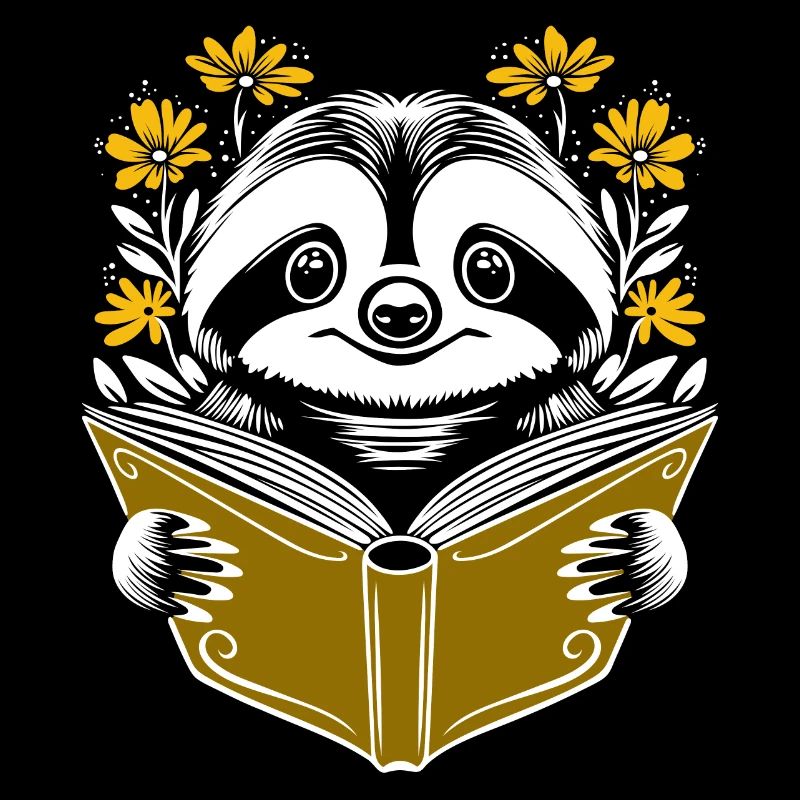 Sloth with book and flowers reading books