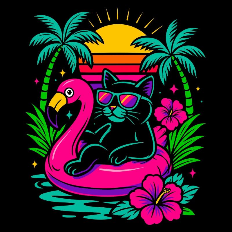 Chat d’été cool sur flamant rose - Look rétro