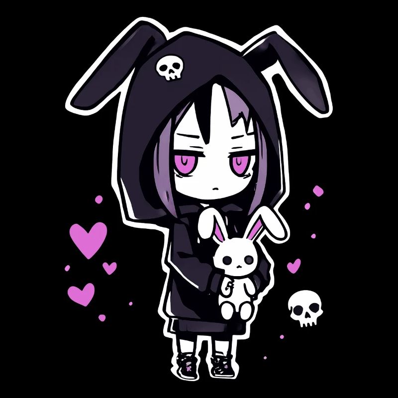 Fille d'anime gothique avec un sweat à capuche en forme de lapin et un crâne