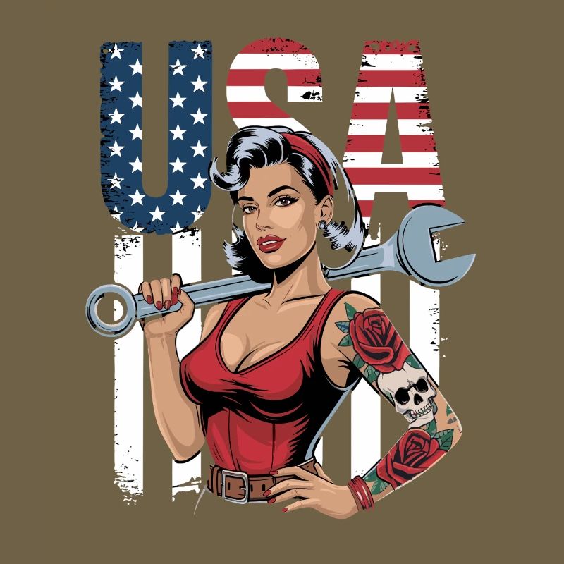 Femme forte avec une clé à molette devant le drapeau des États-Unis