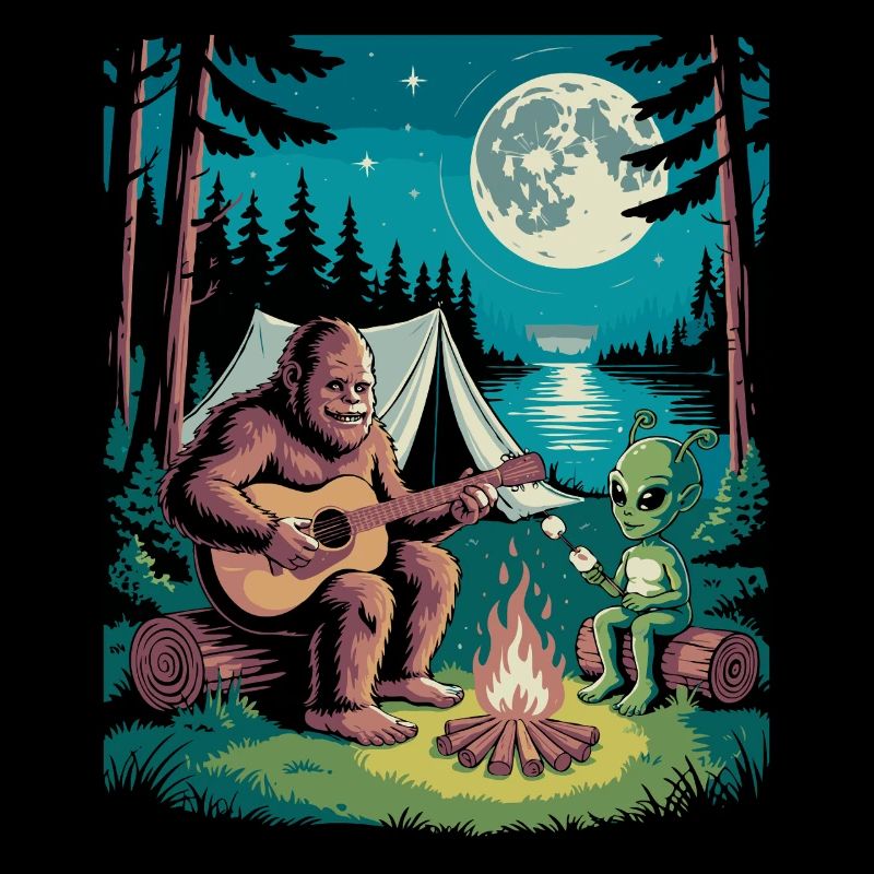 Bigfoot at the campfire with alien