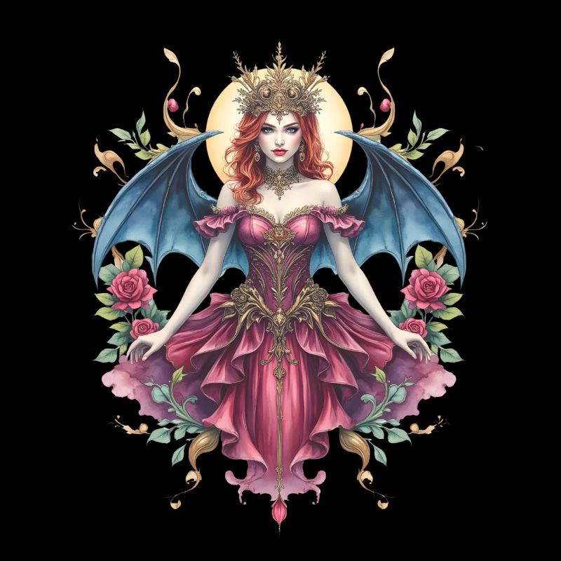 Gothic winged queen among roses