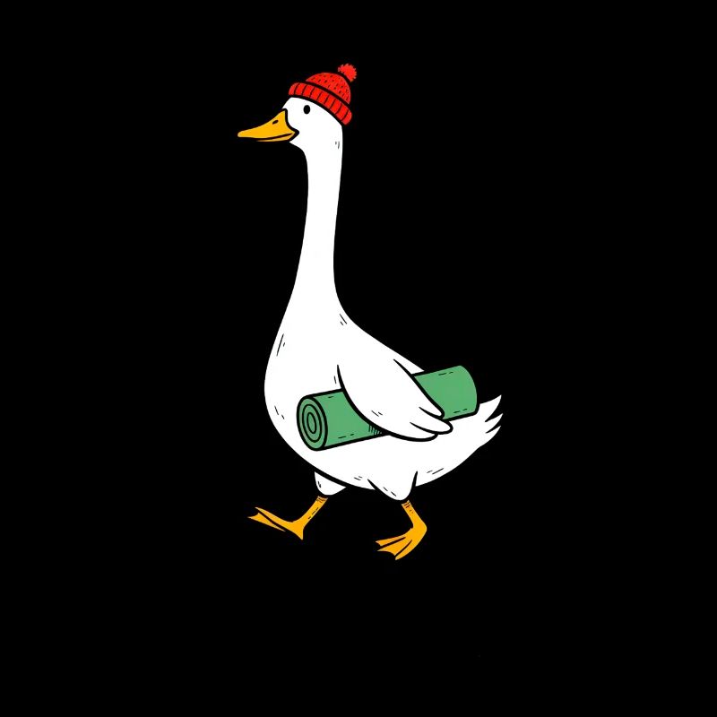 Gans mit Strickmütze und Yogamatte