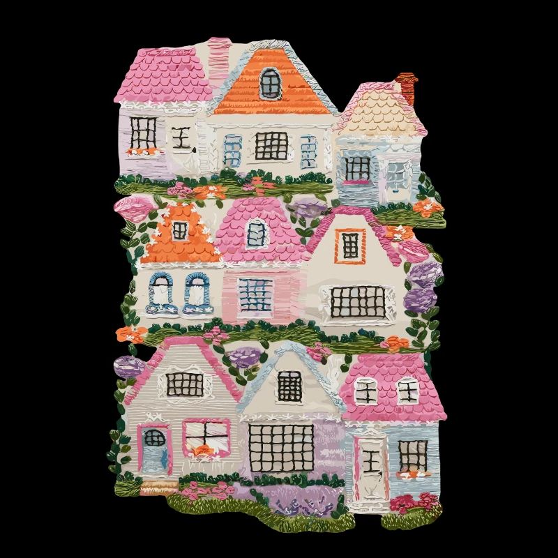 Maisons colorées avec des fleurs et des arbres – conte de fées