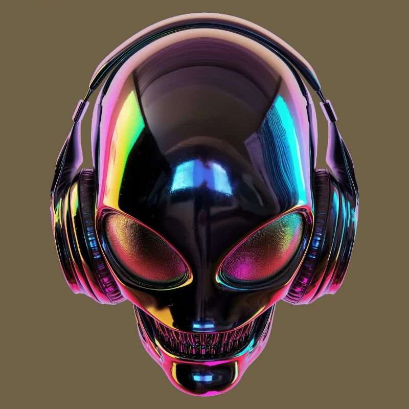 Schwarzer Alien-Kopf mit Kopfhörern