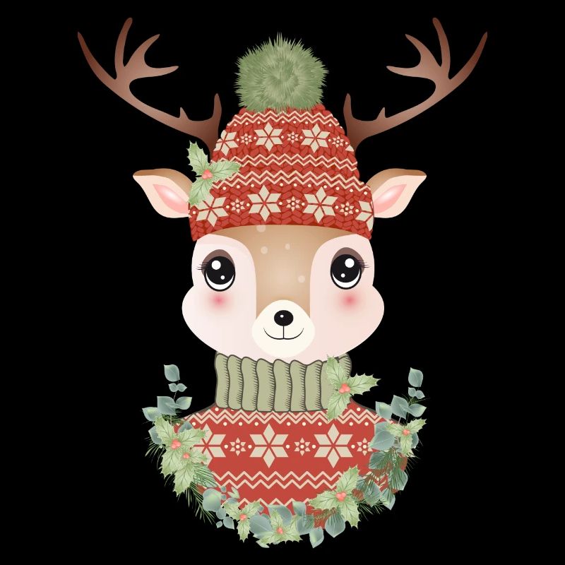 niedlicher Hirsch mit Pullover,Bommelmütze & Kranz