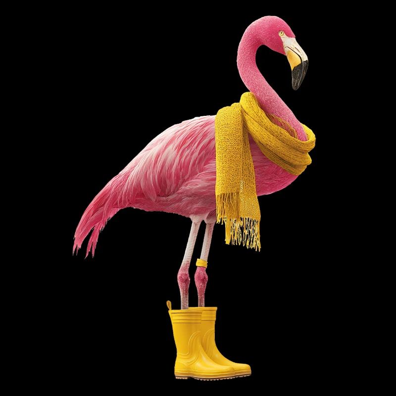 Flamant rose ludique avec écharpe jaune et bottes