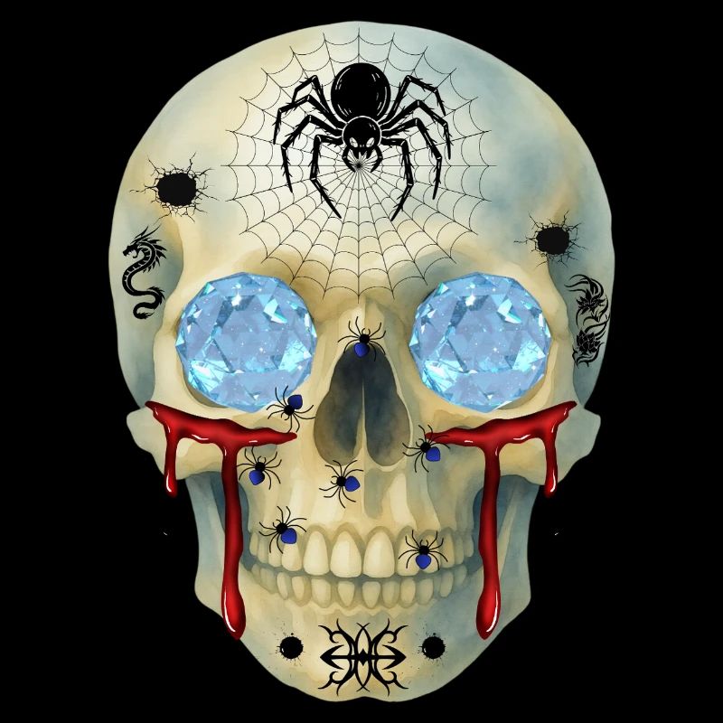 T-shirt avec un crâne avec des araignées et des yeux de diamant
