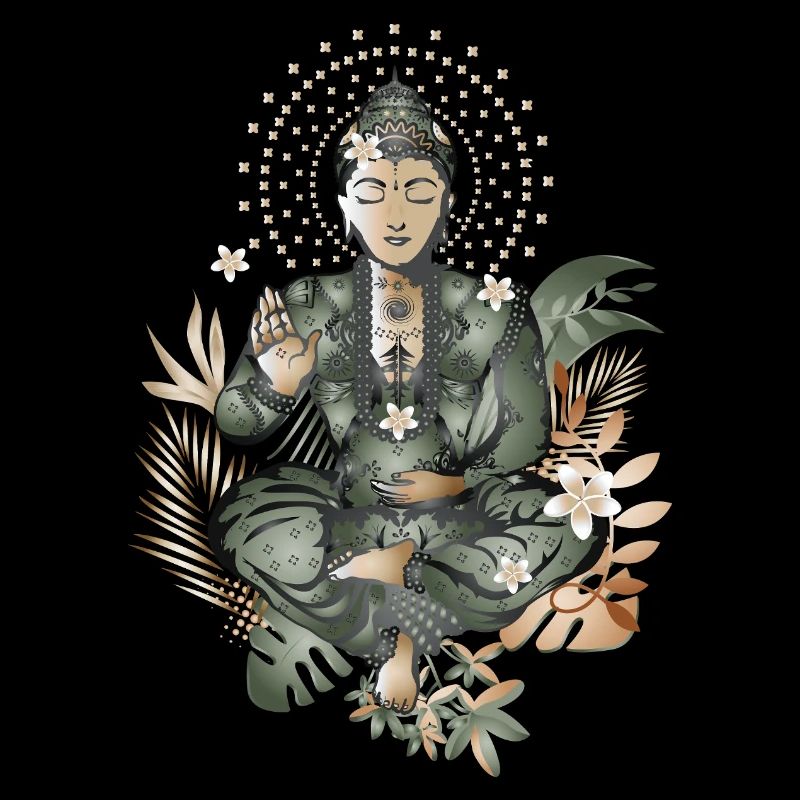 Bouddha avec des fleurs et des plantes exotiques