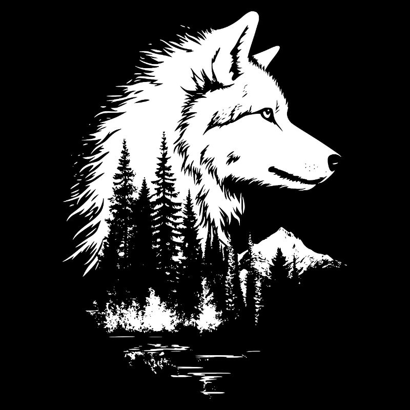 Silhouette de forêt avec visage de loup en noir et blanc