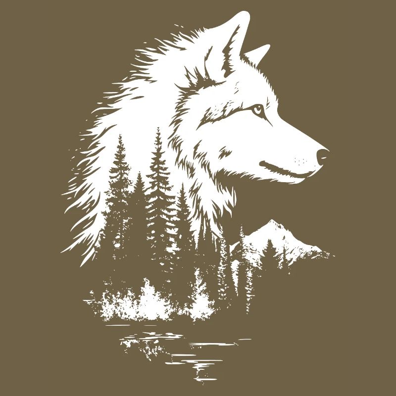 Wolf face forest silhouette in black and white style