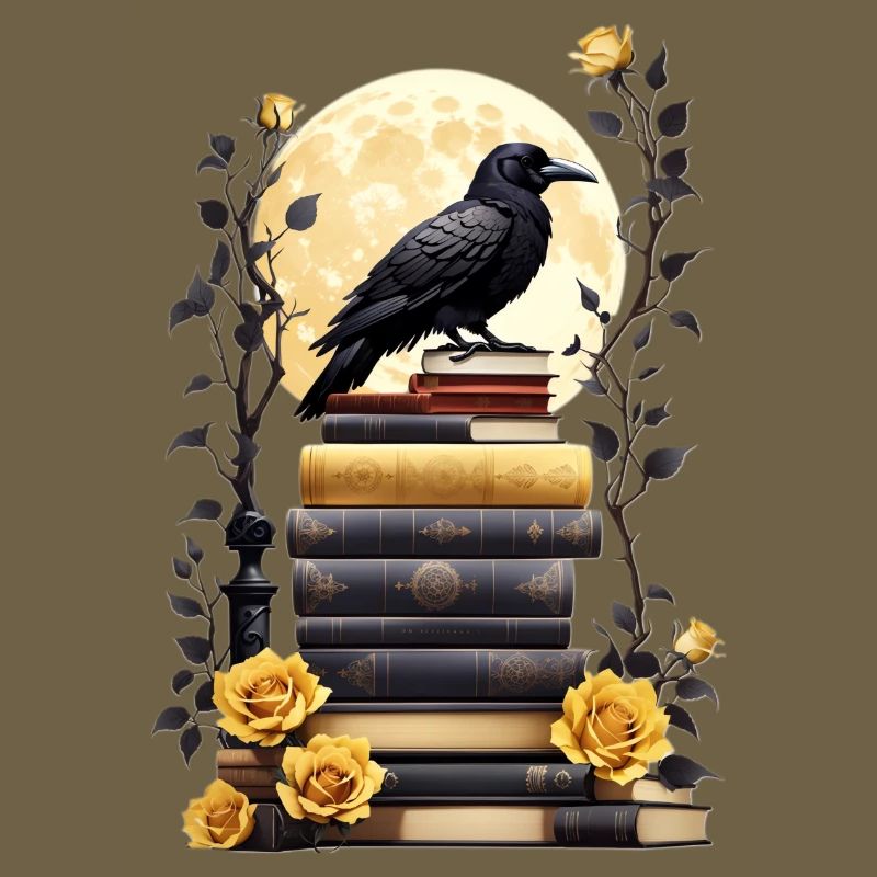 Stack of books with raven