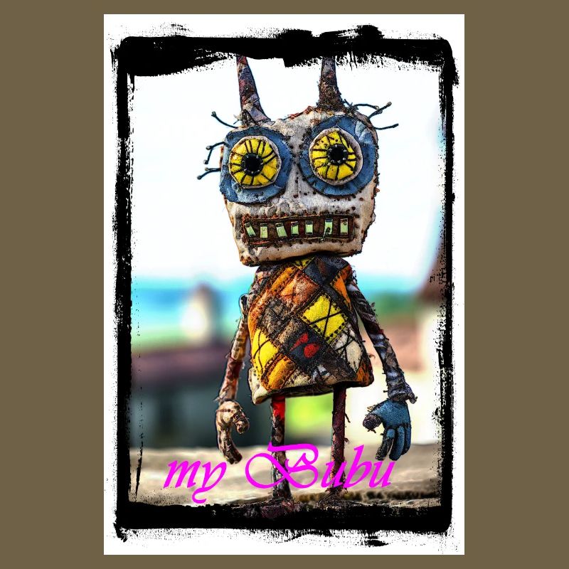 Colorful rag doll with a curious face