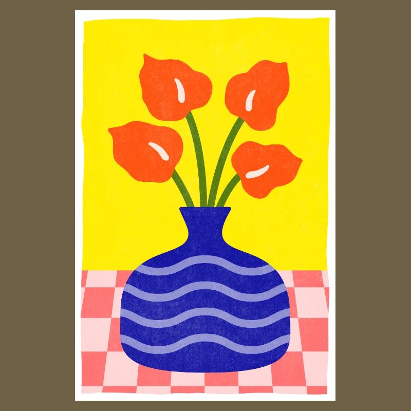 Art Abstrait Pot Bleu et Fleur Style Retro