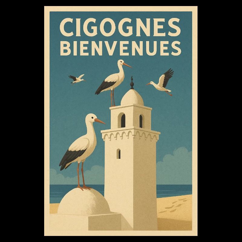 Affiche Vintage Stork et Plage en Bleu Tunisie