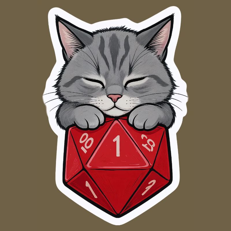 Bébé chat endormi sur D20 Cube – Dessin animé