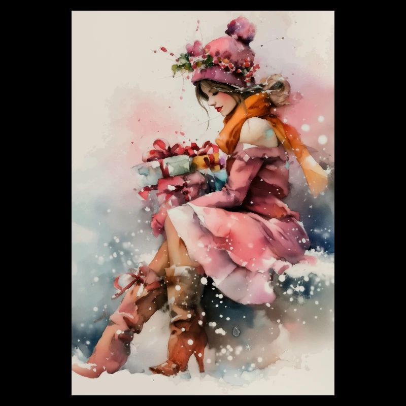 Fille d'hiver en aquarelle et cadeaux