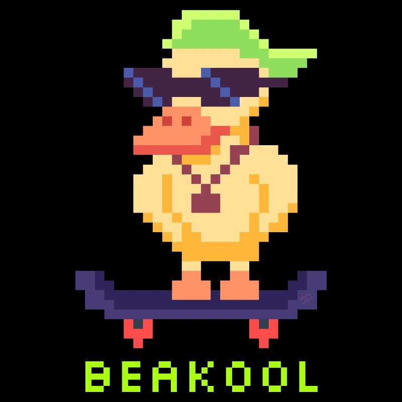 Pixel Art Ente mit Skateboard und Kappe
