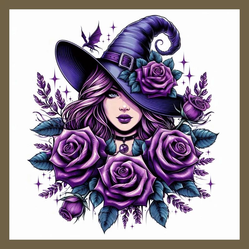 Hexe mit violett Rosen