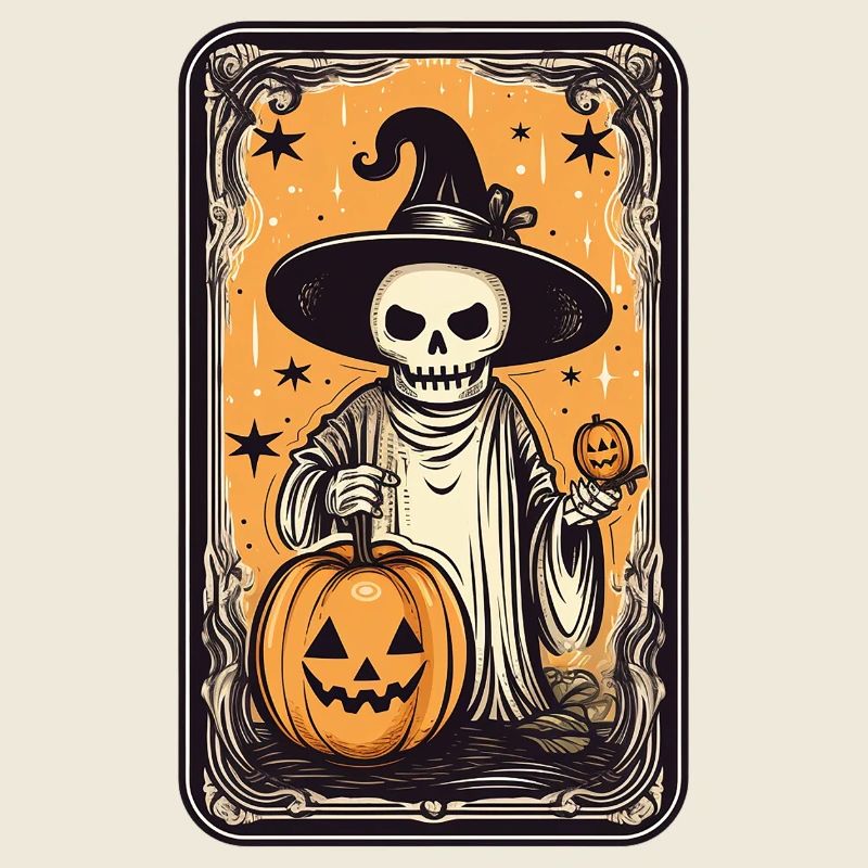 Carte squelette de sorcières de tarot à la citrouille