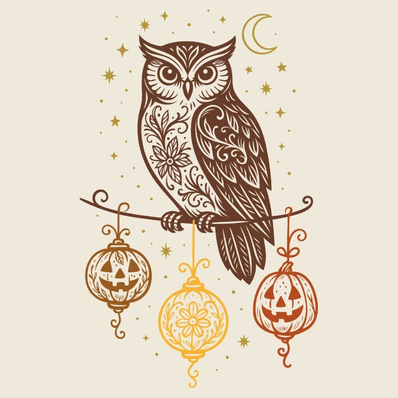Halloween Eule mit Kürbis Laternen & Sternen