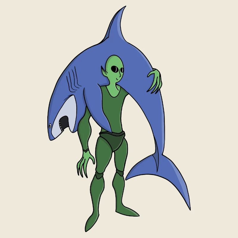 Plongeur extraterrestre avec requin, science-fiction amusante