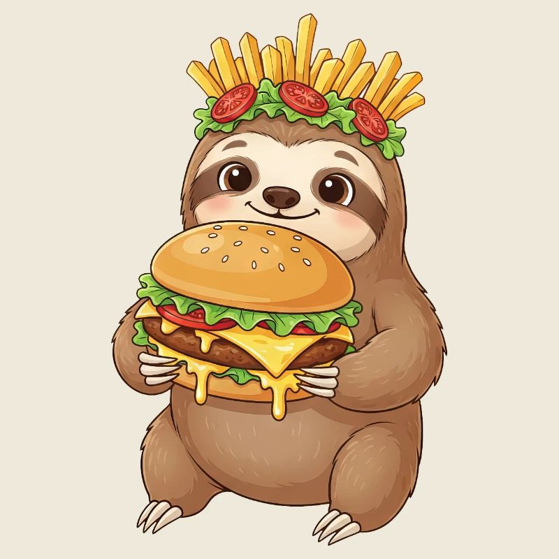 mignon paresseux dessin animé burger frites restauration rapide