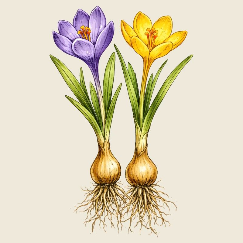 Crocus jaunes et violets avec des oignons