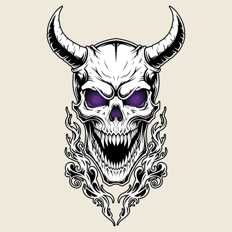 Schädeldämon, gehörntes Totem, Flammen, violette Augen