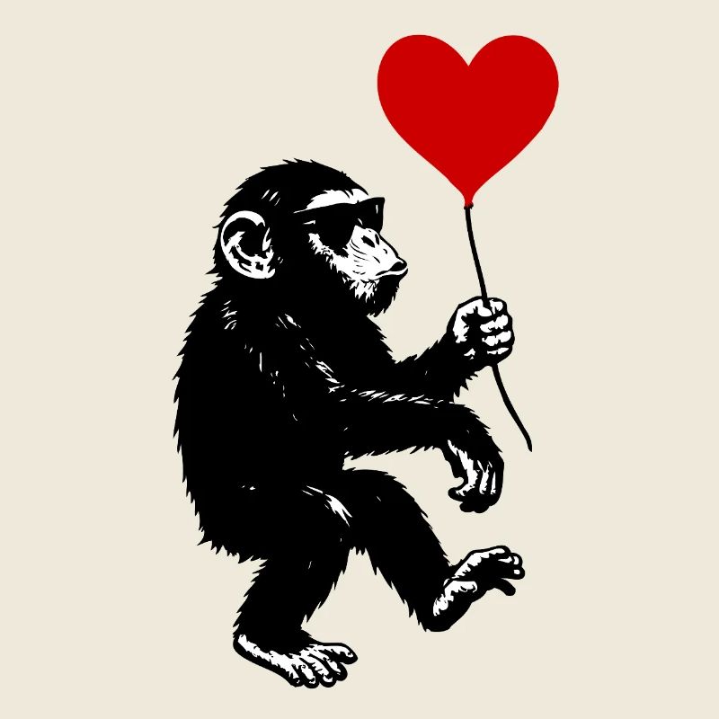 Singe avec ballon coeur rouge