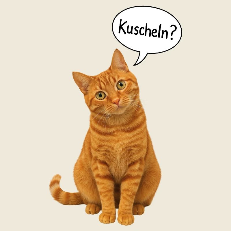 Un chat roux à la tête inclinée demande : « Câlin ? »