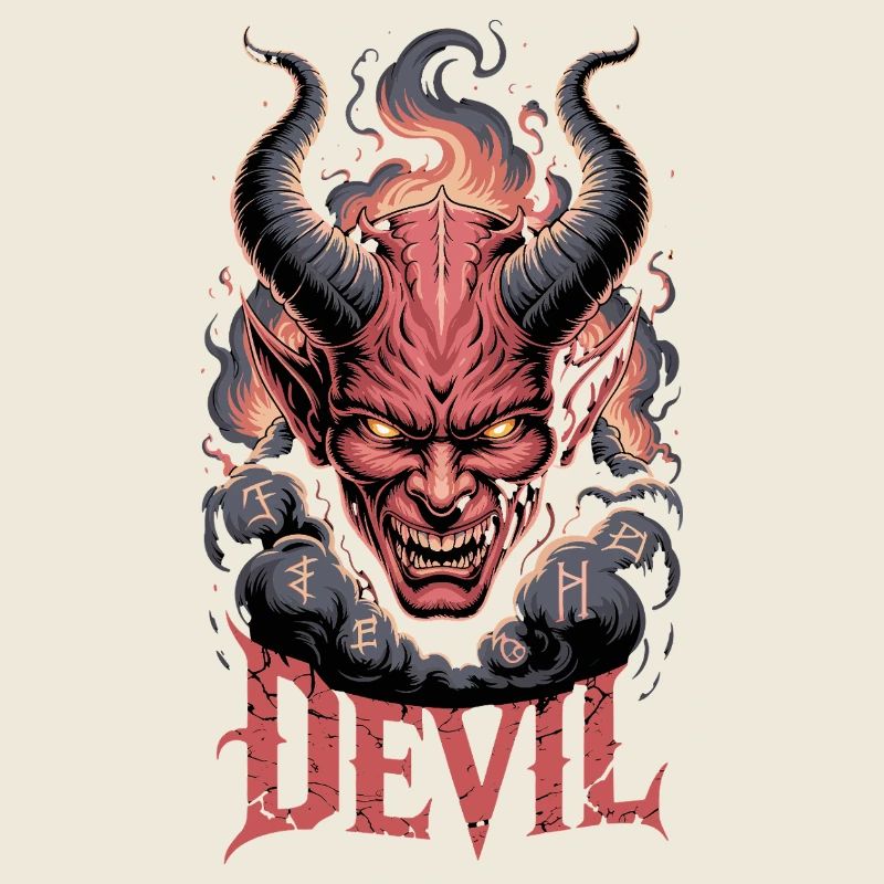 Devil Demonic Head with Horns Flames Runes