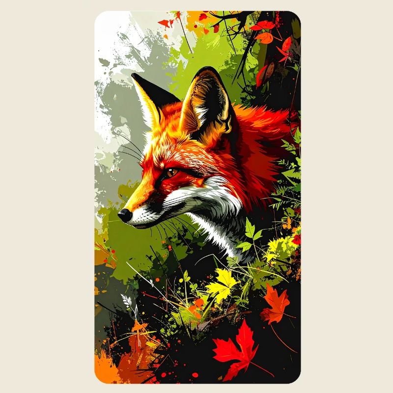 Renard dans la forêt en feuilles d’automne (vue à gauche)