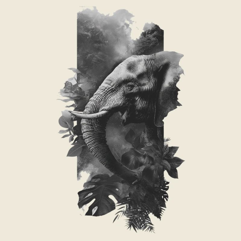 Éléphant gris en collage jungle