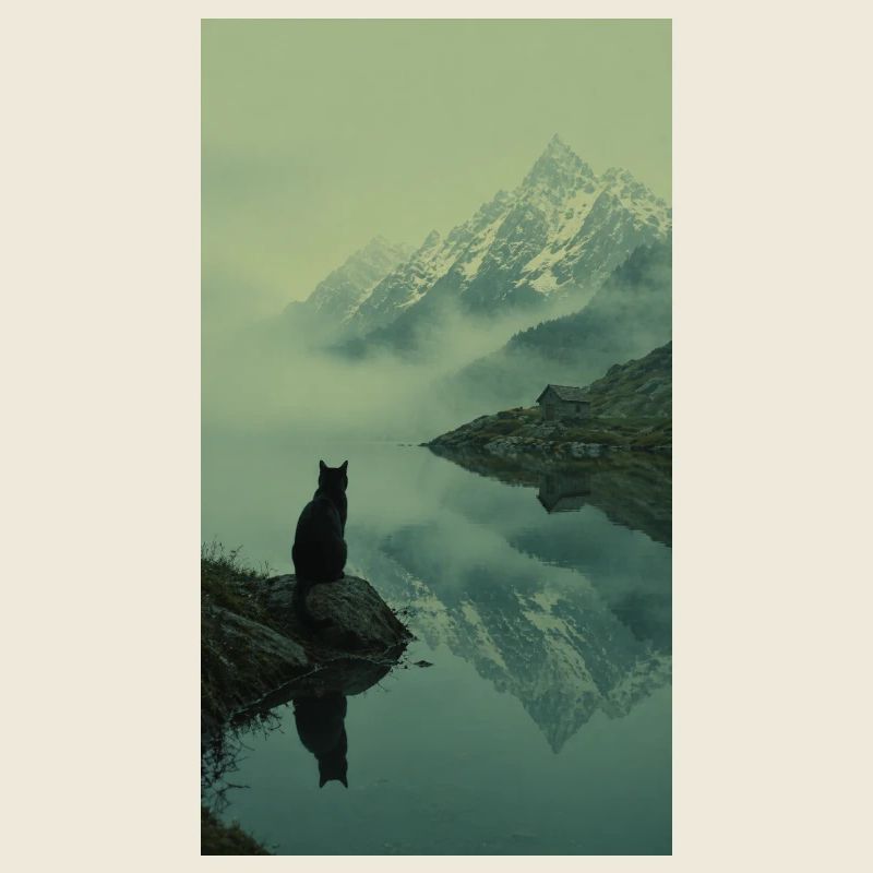 Black Cat at Mountain Lake – Asian Zen Design