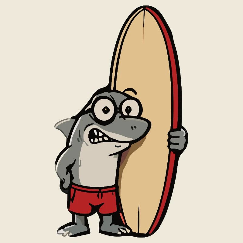 Dessin animé requin surfeur avec planche de surf