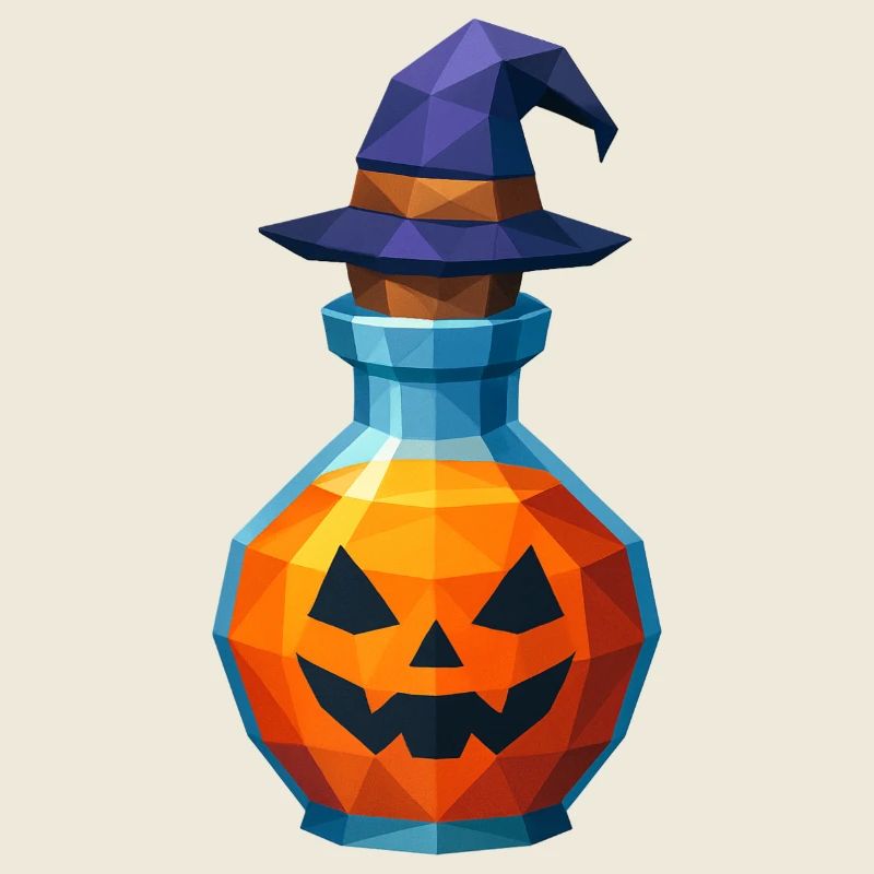 Low-Poly-Kürbis in einem Hexenfläschchen